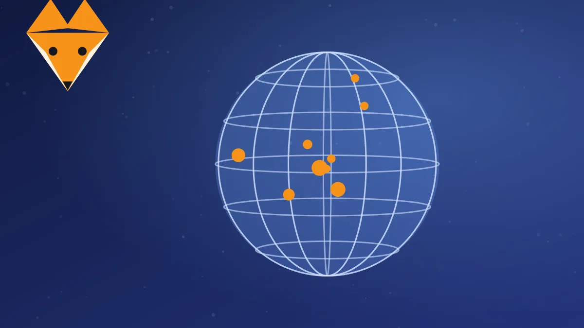 Abstracte illustratie in oranje, donkerblauw en teal van een kleine oranje vos die een mandje boodschappen draagt dat steeds iets lichter wordt naast een munt