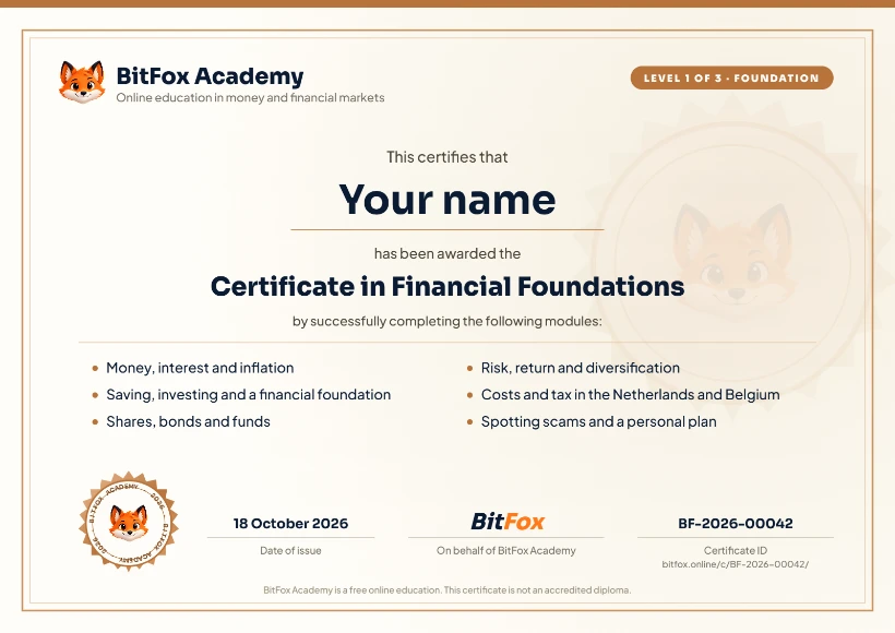 Example of the three BitFox Academy certificates